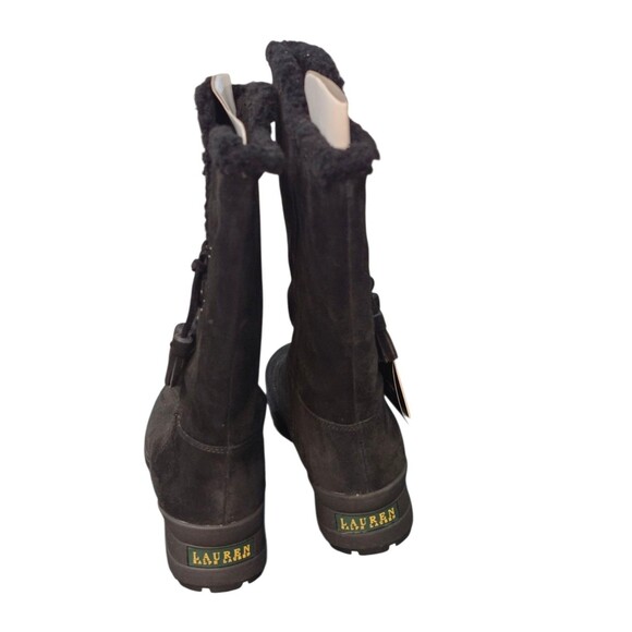 Ralph Lauren Tadina Mid-Calf Winter Boots Womens 8.5B Black Nubuck Lamb Fur Trim - Picture 4 of 16